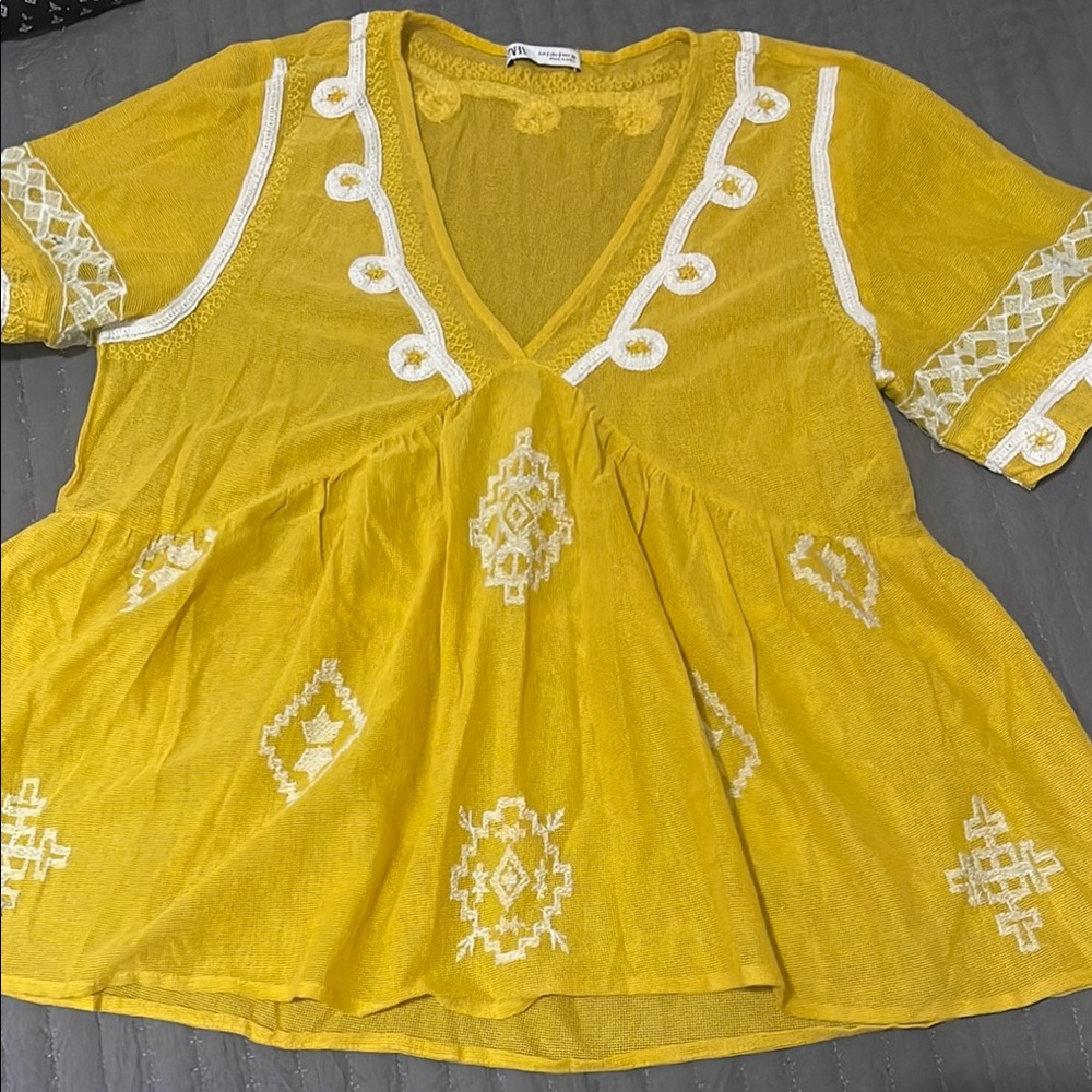 Zara Yellow Embellished Peplum Blouse